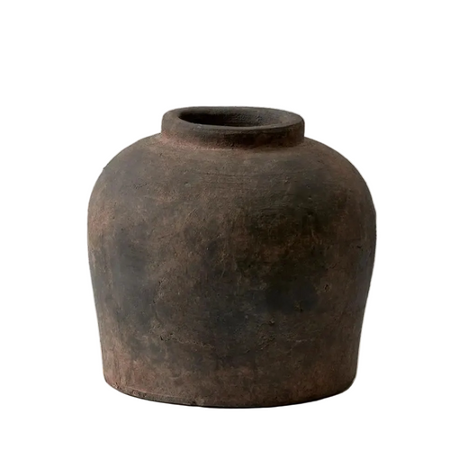 Brown ceramic rustic 11-inch decorative vase with textured finish, ideal for interior home decor.