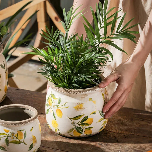 Retro Lemon Printing Underglaze Color Flower Pot