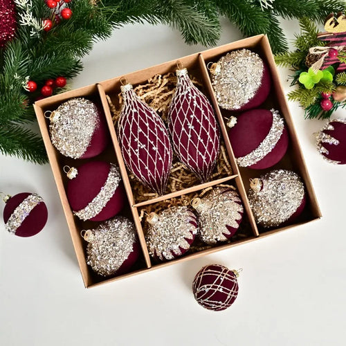 Set of 10 velvet holiday ornaments in red, green, and blue with sparkle accents, perfect for festive decorations.