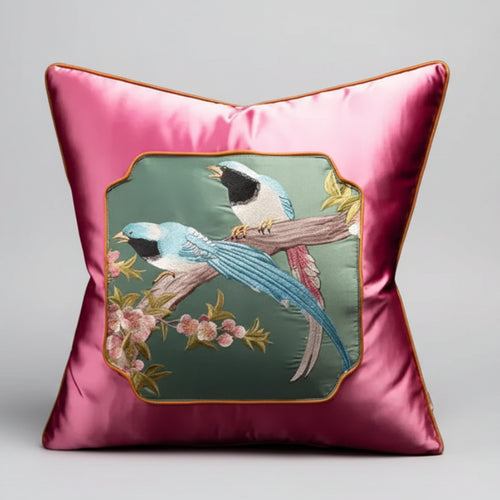 Luxury satin chinoiserie throw pillow cover from The Finishing Touch Decor with intricate Asian-inspired pattern and elegant fabric.