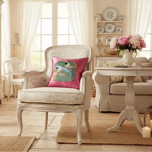 Luxury satin chinoiserie throw pillow cover with intricate Asian-inspired pattern, designed for elegant home decor.