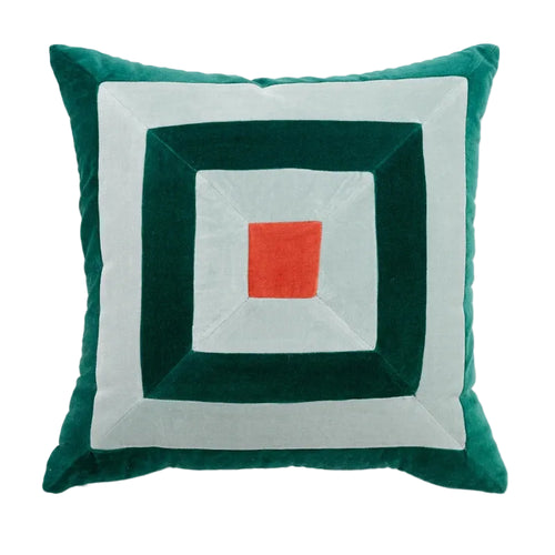 Colorful retro patchwork velvety throw pillows by The Finishing Touch Decor, featuring vibrant patterns and soft velvet fabric.