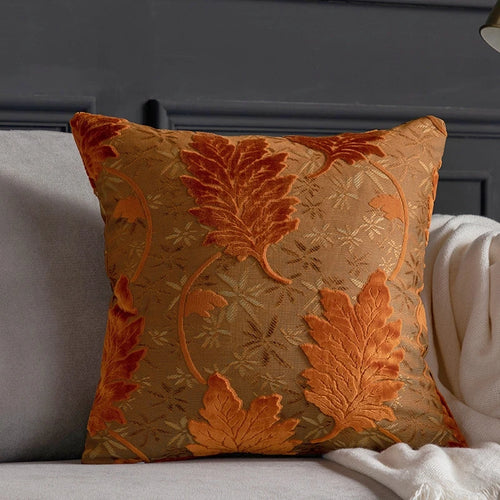 Vibrant embroidered leaf design throw pillow cover from The Finishing Touch Decor, decorative cushion for sofa or bed.