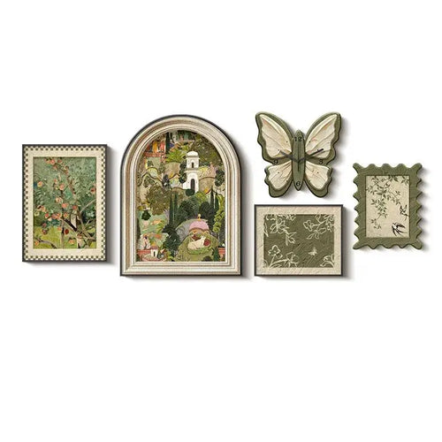 Framed 5 Pcs Set French Style Wall Art Prints, Murals and Clock - The Finishing Touch Decor