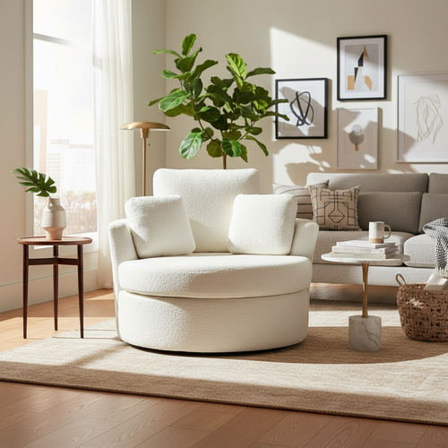 Oversized Boucle Round Barrel Accent Swivel Chair