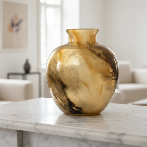 Decorative glass vase with smoky tan ink swirl texture, designed by The Finishing Touch Decor for elegant home décor.