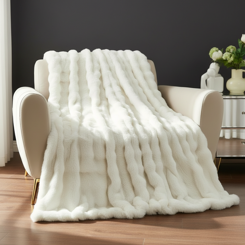Faux Rabbit Fur Bubble Ribbed Plush Throw Blanket