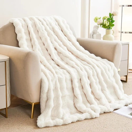 Faux Rabbit Fur Bubble Ribbed Plush Throw Blanket