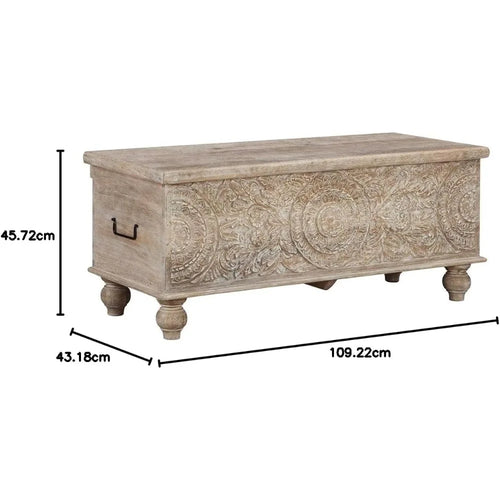Fossile Ridge Boho Carved Wood Storage Bench with Hinge Top,