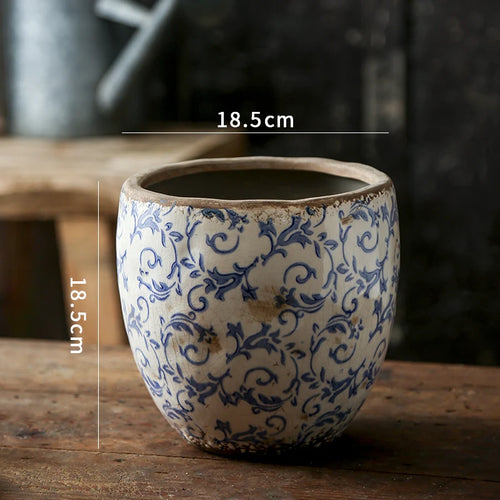 Chinese Antique Blue & White Pastoral Design Pottery Planter - The Finishing Touch Decor