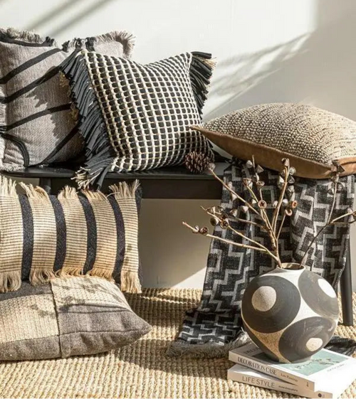 Luxury hemp rope striped throw pillow cover by The Finishing Touch Decor, featuring a textured design in neutral tones.