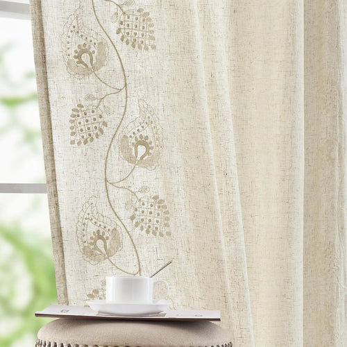 Linen Curtains for Bedroom Floral Curtains 63 Inch Length Linen Blend Beige Embroidered Drapes Farmhouse