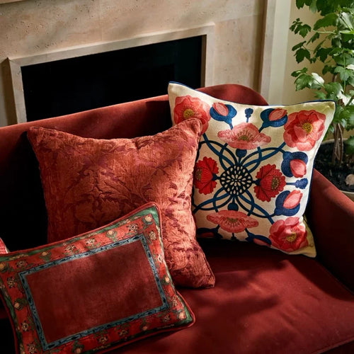 Red floral luxury European style cushion cover with retro garden flower design for sofa or chair home decor.