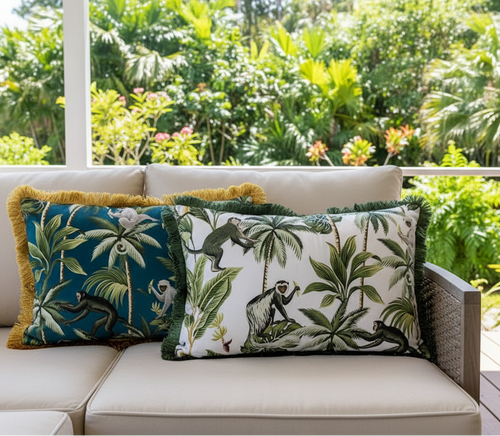 Velvet tropical throw pillow cover with monkey and palm tree design, perfect for tropical-themed decor.