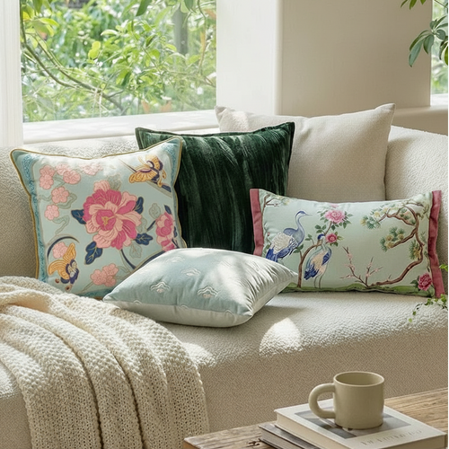 Crane & Pink Flowers Velvet Throw Pillow Covers