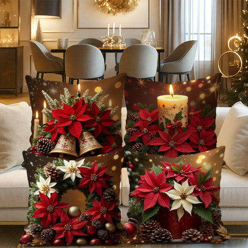 Red Poinsettia Throw Pillow Cover Set of 4
