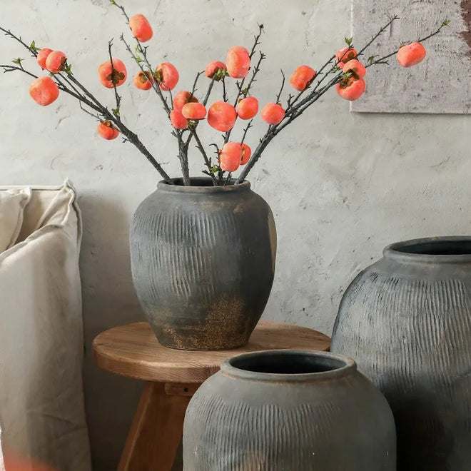 Coarse Clay Pottery Dark Ceramic Large Round Japandi Planter Pot - The Finishing Touch Decor