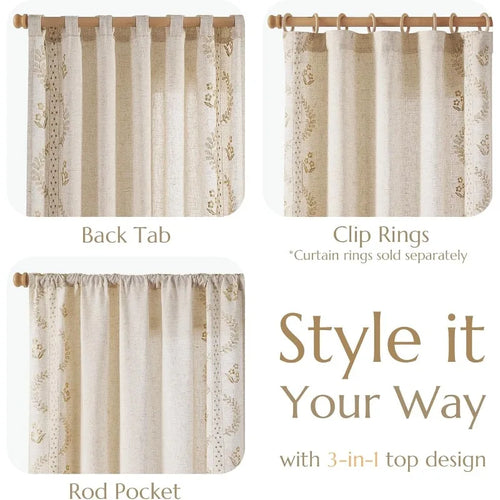 Linen Curtains for Bedroom Floral Curtains 63 Inch Length Linen Blend Beige Embroidered Drapes Farmhouse