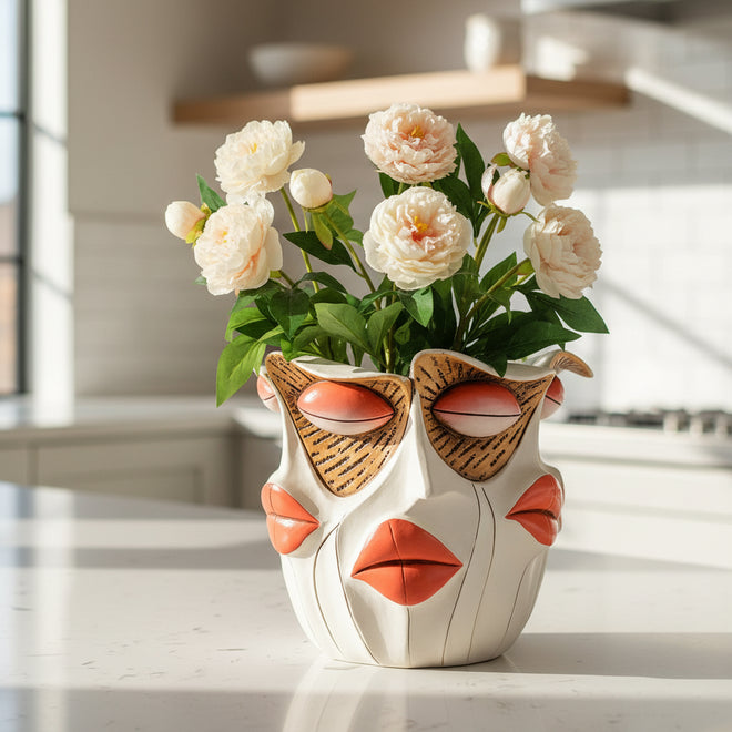 Abstract red kiss human face decorative vase by The Finishing Touch Decor, featuring bold artistic design and vibrant color.