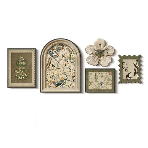 Framed 5 Pcs Set French Style Wall Art Prints, Murals and Clock - The Finishing Touch Decor
