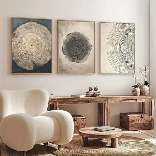 Set of three Nordic tree ring canvas wall art prints by The Finishing Touch Decor, minimalist nature-inspired wall decor for living room.