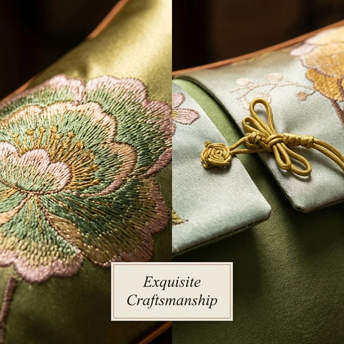 Floral oriental embroidered satin throw pillow cover with intricate floral designs, perfect for elegant home decor.
