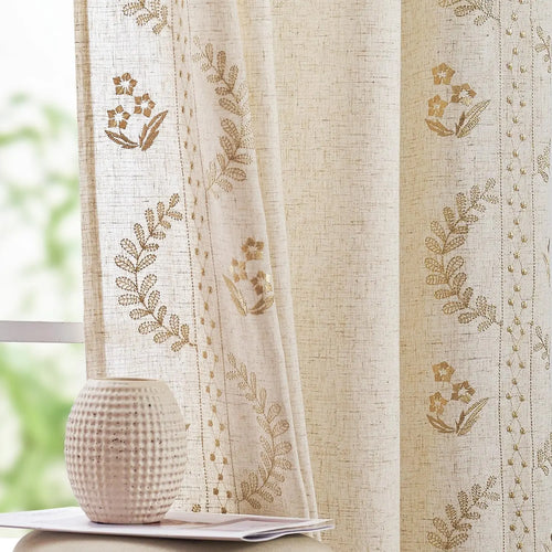 Linen Curtains for Bedroom Floral Curtains 63 Inch Length Linen Blend Beige Embroidered Drapes Farmhouse