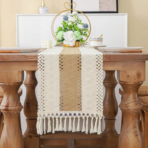Boho Farmhouse Linen Macrame Table Runner