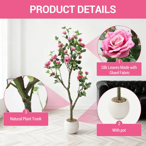 Tall Artificial Pink Rose Blossom Tree with Pot