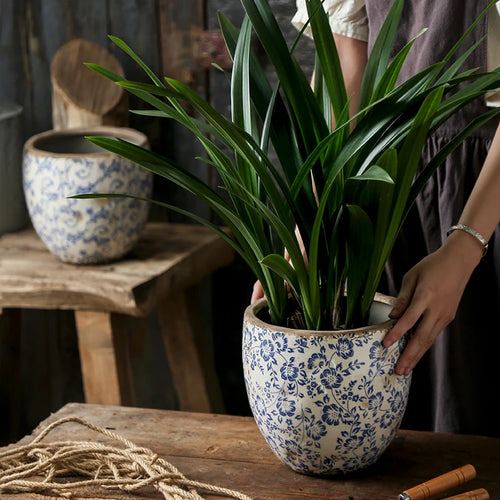 Chinese Antique Blue & White Pastoral Design Pottery Planter - The Finishing Touch Decor