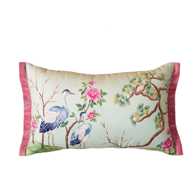 Crane & Pink Flowers Velvet Throw Pillows Pillow
