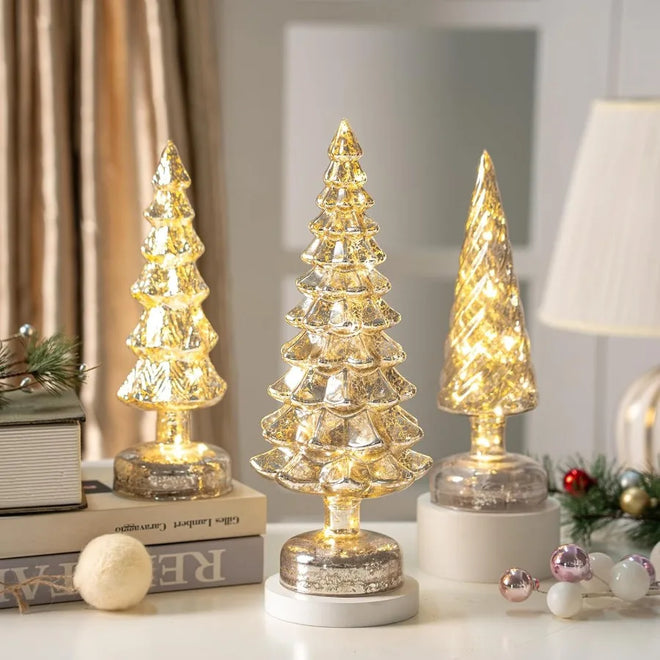 Set of 3 Mercury Glass Christmas Tree Tabletop Figurines