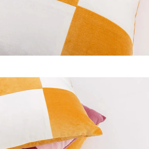 Colorful retro patchwork velvety throw pillows with vibrant patterns, soft texture, and decorative design from The Finishing Touch Decor.