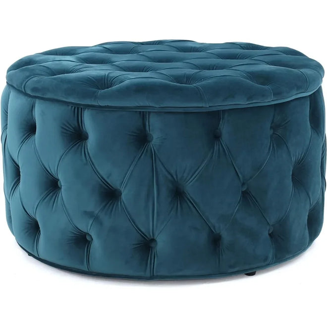 Round Dark Teal Velvet Storage Ottoman - The Finishing Touch Decor