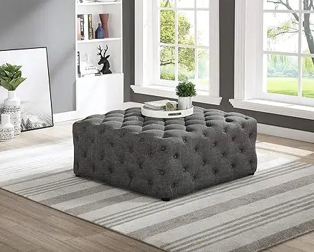 Sherlyn Tufted Square Ottoman/Footstool, Beige Linen