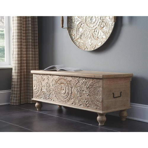 Fossile Ridge Boho Carved Wood Storage Bench with Hinge Top,