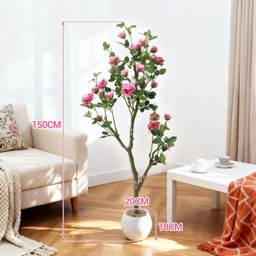 Tall Artificial Pink Rose Blossom Tree with Pot