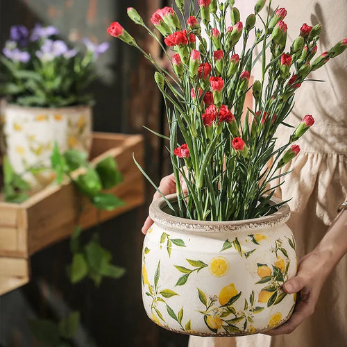 Retro Lemon Printing Underglaze Color Flower Pot