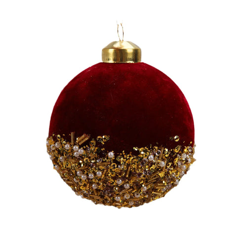 Red velvet and glitter Christmas balls ornaments for holiday decor, featuring festive red and sparkling accents by The Finishing Touch Decor