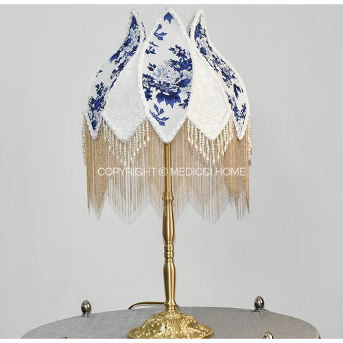 French Blue Floral Silk and Velvet Lampshade with Pearl Tassel - The Finishing Touch Decor