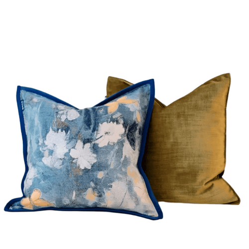 Goldenrod Yellow & Blue Flora Throw Pillow Covers