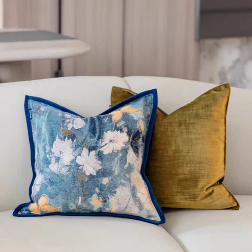 Blue Flora Pillows Gold Yellow Cushion Case Luxury Modern Decorative Pillow Cover For Sofa Chair Home Decorations