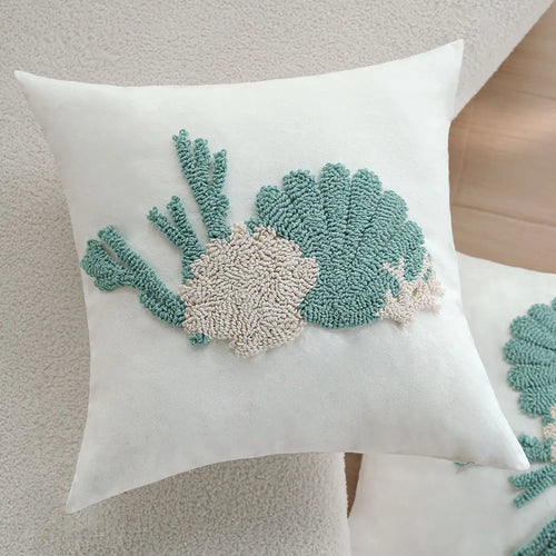Coastal Aqua Coral & Shell Tufted Throw Pillow Covers