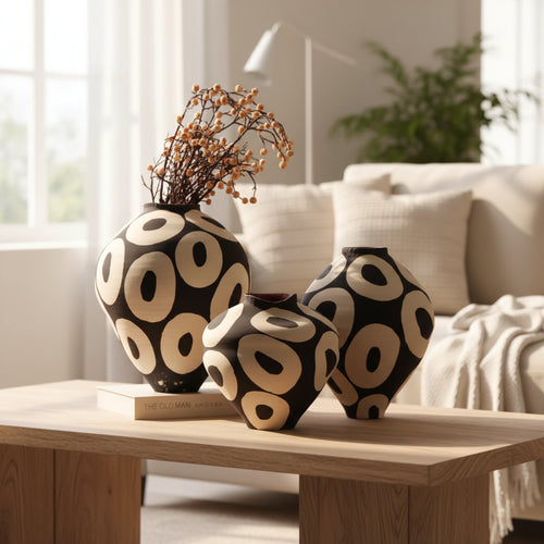 Hand-drawn geometric circles ceramic vase by The Finishing Touch Decor, ideal for flower arrangements and home decoration.