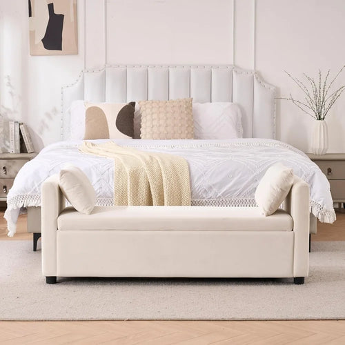 Storage Bench for Bedroom, 55" End of Bed Bench for King Size Bed, Modern Upholstered Long Ottoman Bench with Arms and 2 Pillows