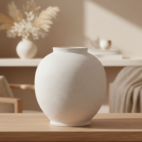Large white sandstone ceramic round floor vase, decorative vessel with smooth surface, ideal for modern interior decor