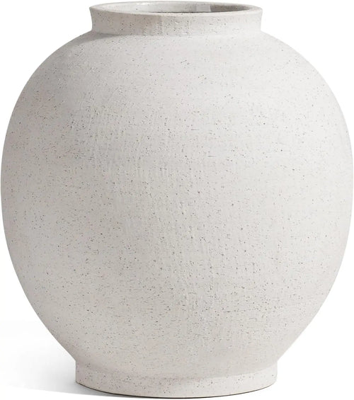 Large white sandstone ceramic round floor vase for decorative use, featuring a smooth finish and elegant design by The Finishing Touch Decor.