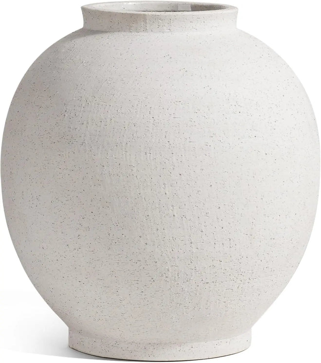 Large white sandstone ceramic round floor vase for decorative use, featuring a smooth finish and elegant design by The Finishing Touch Decor.