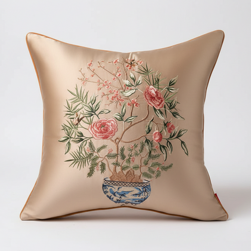 Embroidered floral Chinese vase design on decorative throw pillow cover, featuring intricate embroidery and vibrant colors.