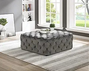 Sherlyn Tufted Square Ottoman/Footstool, Beige Linen